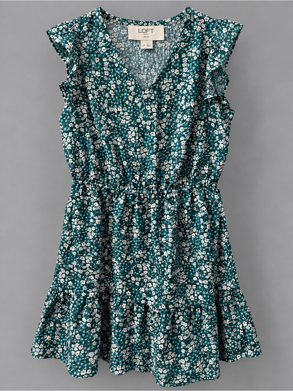 LOFT Outlet LP Petite Teal Floral V-Neck Flutter Sleeve Dress